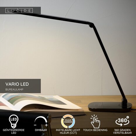 Lucide VARIO LED - Schreibtischlampe - LED Dim to warm - 1x8W 2700K/6500K - Schwarz Lucide VARIO LED - Schreibtischlampe - LED Dim to warm - 1x8W 2700K/6500K - Schwarz