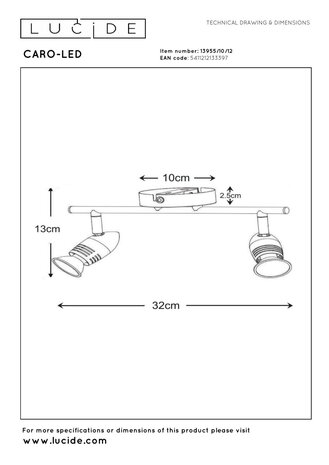 Lucide CARO-LED - Deckenstrahler - LED - GU10 - 2x5W 2700K - Mattchrom Lucide CARO-LED - Deckenstrahler - LED - GU10 - 2x5W 2700K - Mattchrom