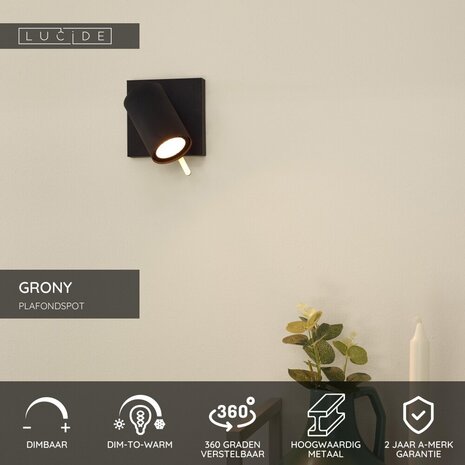 Lucide GRONY - Deckenstrahler - LED Dim to warm - GU10 - 1x5W 2200K/3000K - Schwarz Lucide GRONY - Deckenstrahler - LED Dim to warm - GU10 - 1x5W 2200K/3000K - Schwarz