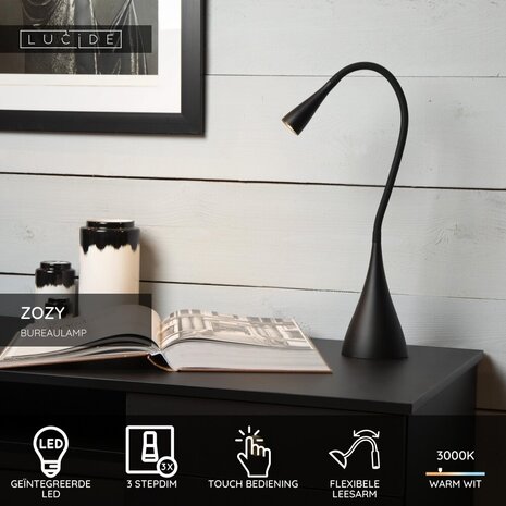 Lucide ZOZY - Schreibtischlampe - LED 3 StepDim - 1x4W 3000K - Schwarz