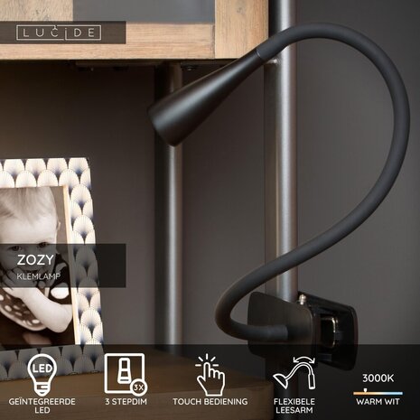 Lucide ZOZY - Klemmleuchte - LED 3 StepDim - 1x4W 3000K - Schwarz Lucide ZOZY - Klemmleuchte - LED 3 StepDim - 1x4W 3000K - Schwarz