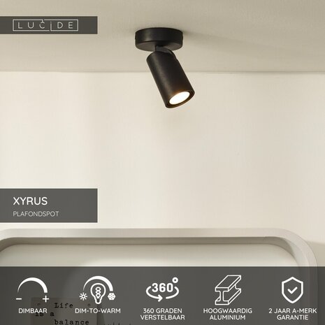 Lucide XYRUS - Deckenstrahler - Ø 9 cm - LED Dim to warm - GU10 - 1x5W 2200K/3000K - Schwarz