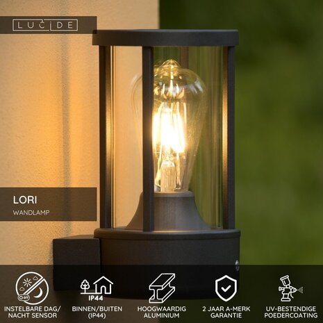 Lucide LORI - Wandleuchte Innen/Außen - Ø 12 cm - 1xE27 - IP44 - Tag/Nachtsensor - Anthrazit