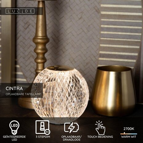 Lucide CINTRA - Wiederaufladbare Tischleuchte - Batterie/Batterie - Ø 9 cm - LED 3 StepDim - 1x1.5W 2700K - Transparent