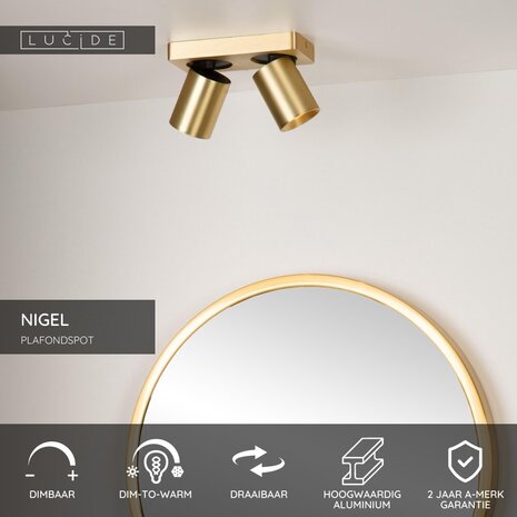 Lucide NIGEL - Deckenstrahler - LED Dim to warm - GU10 - 2x5W 2200K/3000K - Mattes Gold / Messing Lucide NIGEL - Deckenstrahler - LED Dim to warm - GU10 - 2x5W 2200K/3000K - Mattes Gold / Messing