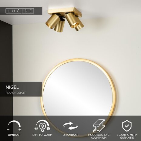 Lucide NIGEL - Deckenstrahler - LED Dim to warm - GU10 - 4x5W 2200K/3000K - Mattes Gold / Messing Lucide NIGEL - Deckenstrahler - LED Dim to warm - GU10 - 4x5W 2200K/3000K - Mattes Gold / Messing