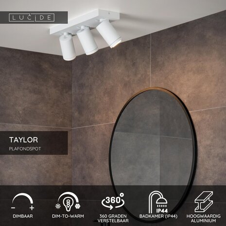 Lucide TAYLOR - Deckenstrahler Bad - LED Dimmen bis warm - GU10 - 3x5W 2200K/3000K - IP44 - Weiß
