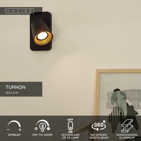 Lucide TURNON - Bettleuchte / Wandleuchte - LED Dim to warm - GU10 - 1x5W 2200K/3000K - Schwarz