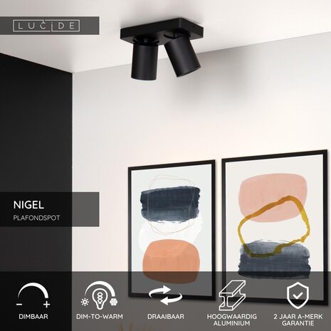 Lucide NIGEL - Deckenstrahler - LED Dim to warm - GU10 - 2x5W 2200K/3000K - Schwarz Lucide NIGEL - Deckenstrahler - LED Dim to warm - GU10 - 2x5W 2200K/3000K - Schwarz