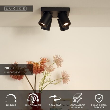 Lucide NIGEL - Deckenstrahler - LED Dim to warm - GU10 - 4x5W 2200K/3000K - Schwarz