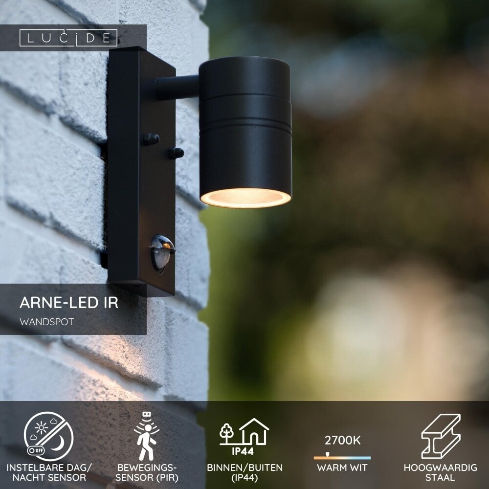 Lucide ARNE-LED IR - Wandstrahler / Wandleuchte Indoor/Outdoor - Ø 6,3 cm - LED - GU10 - 1x5W 2700K - IP44 - Bewegungs- & Tag/Nachtsensor - Schwarz