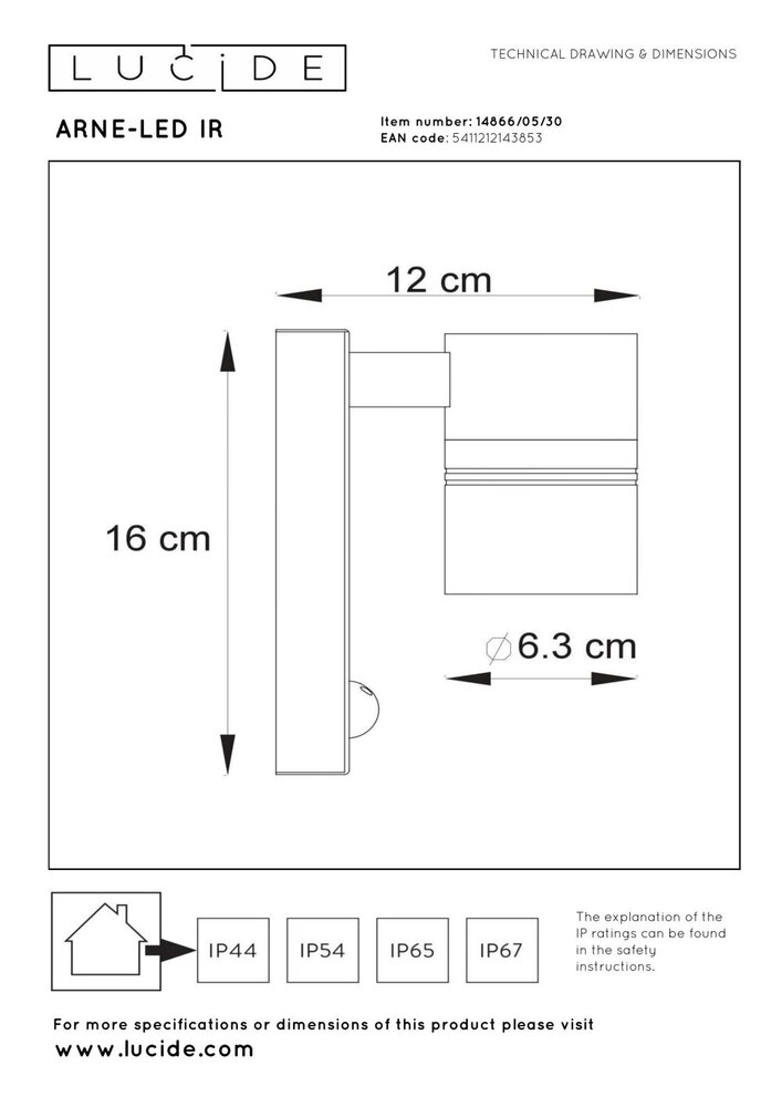 Lucide ARNE-LED IR - Wandstrahler / Wandleuchte Indoor/Outdoor - Ø 6,3 cm - LED - GU10 - 1x5W 2700K - IP44 - Bewegungs- & Tag/Nachtsensor - Schwarz