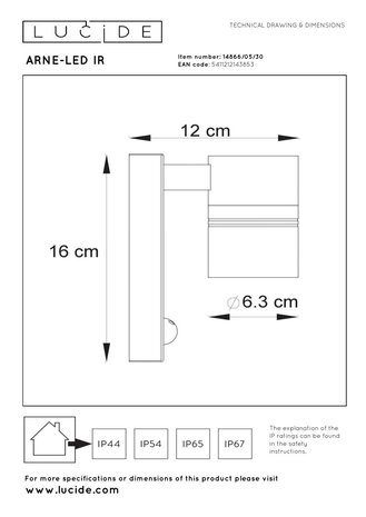 Lucide ARNE-LED IR - Wandstrahler / Wandleuchte Indoor/Outdoor - Ø 6,3 cm - LED - GU10 - 1x5W 2700K - IP44 - Bewegungs- & Tag/Nachtsensor - Schwarz