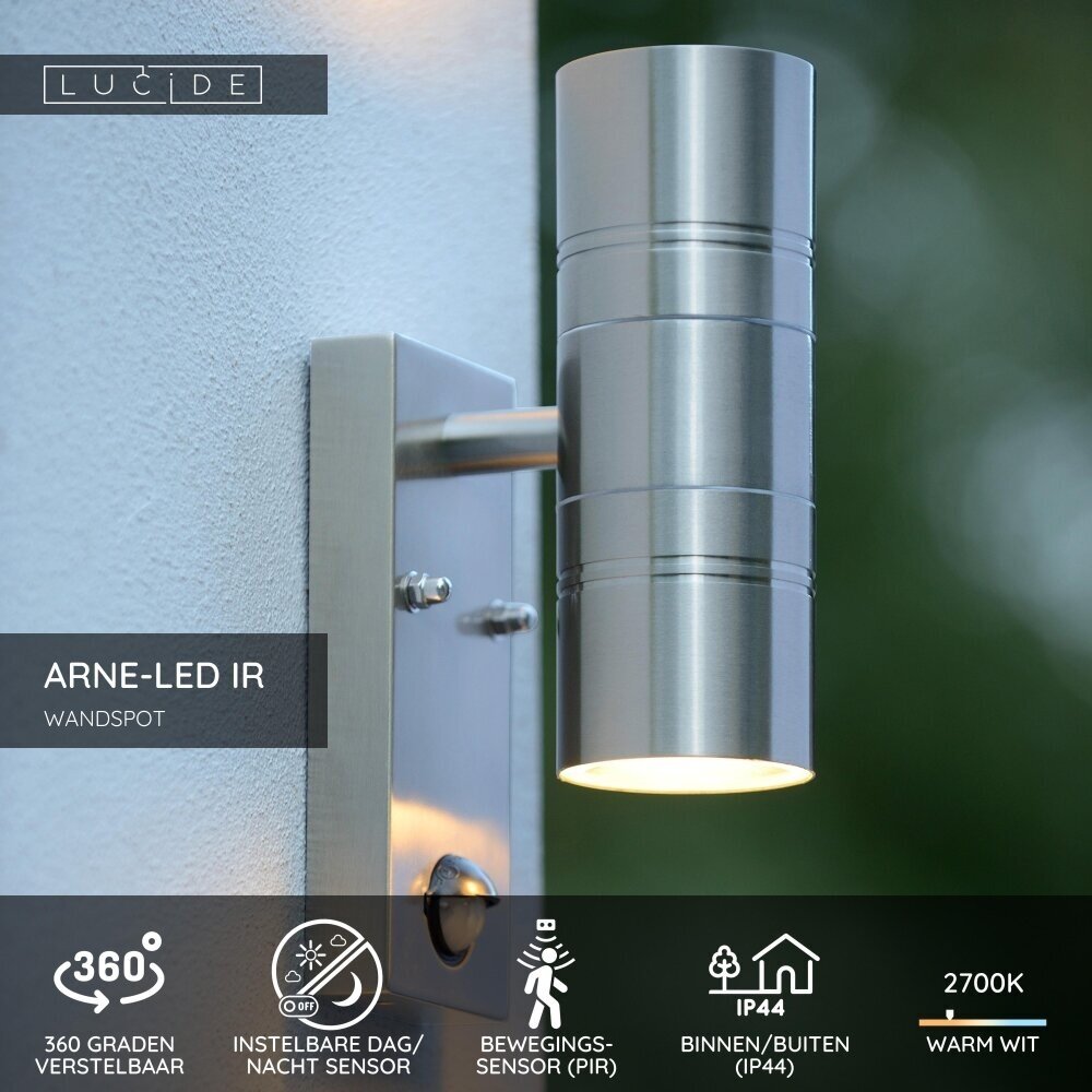 Lucide ARNE-LED IR - Wandstrahler / Wandleuchte Innen/Außen - Ø 6,3 cm - LED - GU10 - 2x5W 2700K - IP44 - Bewegungs- & Tag/Nachtsensor - Mattchrom