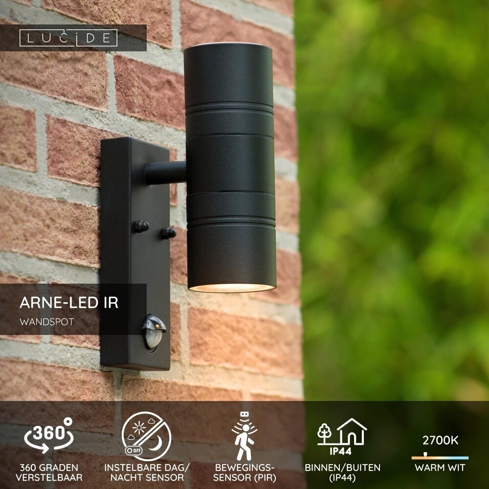 Lucide ARNE-LED IR - Wandstrahler / Wandleuchte Indoor/Outdoor - Ø 6,3 cm - LED - GU10 - 2x5W 2700K - IP44 - Bewegungs- & Tag/Nachtsensor - Schwarz