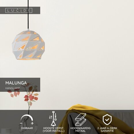 Lucide MALUNGA - Hängeleuchte - Ø 25 cm - 1xE27 - Weiß Lucide MALUNGA - Hängeleuchte - Ø 25 cm - 1xE27 - Weiß