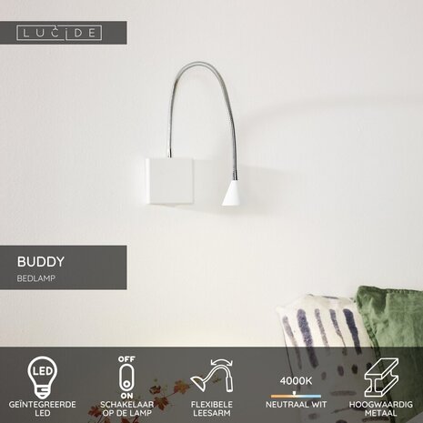 Lucide BUDDY - Nachttischlampe / Wandleuchte - LED - 1x4W 4000K - Weiß Lucide BUDDY - Nachttischlampe / Wandleuchte - LED - 1x4W 4000K - Weiß