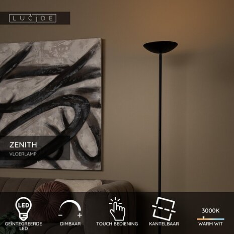 Lucide ZENITH - Stehleuchte - LED Dimb. - 1x20W 3000K - Schwarz