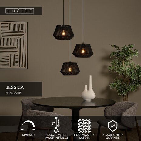 Lucide JESSICA - Hängeleuchte - Ø 35,5 cm - 3xE27 - Schwarz