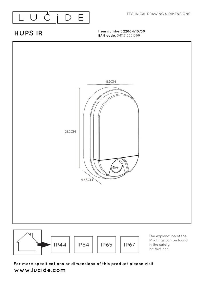 Lucide HUPS IR - Wandleuchte Innen/Außen - LED - 1x10W 3000K - IP54 - Bewegungs- & Tag/Nachtsensor - Schwarz