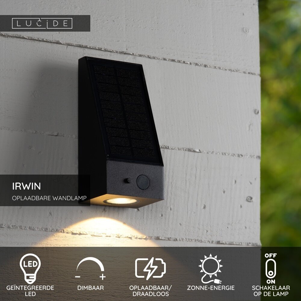 Lucide IRWIN - Wandleuchte - Solar - LED Dimb. - 1x2W 2850K/3150K - IP54 - Tag/Nacht-Sensor - Schwarz Lucide IRWIN - Wandleuchte - Solar - LED Dimb. - 1x2W 2850K/3150K - IP54 - Tag/Nacht-Sensor - Schwarz