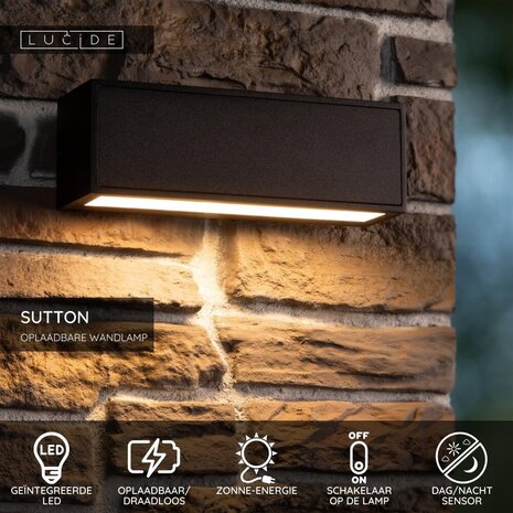 Lucide SUTTON - Wandleuchte - Solar - LED Dimb. - 1x2W 2850K/3150K - IP54 - Tag/Nacht-Sensor - Schwarz Lucide SUTTON - Wandleuchte - Solar - LED Dimb. - 1x2W 2850K/3150K - IP54 - Tag/Nacht-Sensor - Schwarz