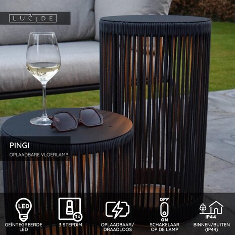 Lucide PINGI - Wiederaufladbare Stehleuchte Innen/Außen - Batterie/Batterie - Ø 33,5 cm - LED 3 StepDim - 1x3W 3000K - IP44 - Schwarz