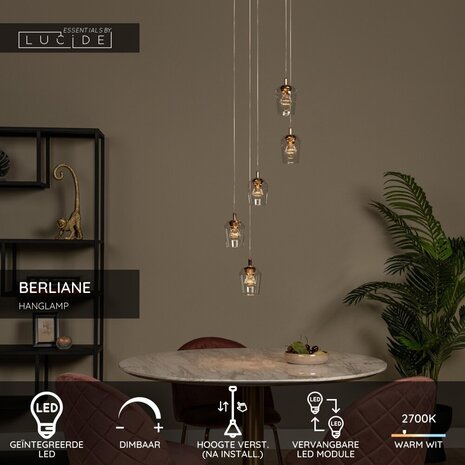 Lucide BERLIANE - Hängeleuchte - Ø 34 cm - LED Dimb. - 5x4W 2700K - Mit austauschbarem LED-Modul - Transparent Lucide BERLIANE - Hängeleuchte - Ø 34 cm - LED Dimb. - 5x4W 2700K - Mit austauschbarem LED-Modul - Transparent