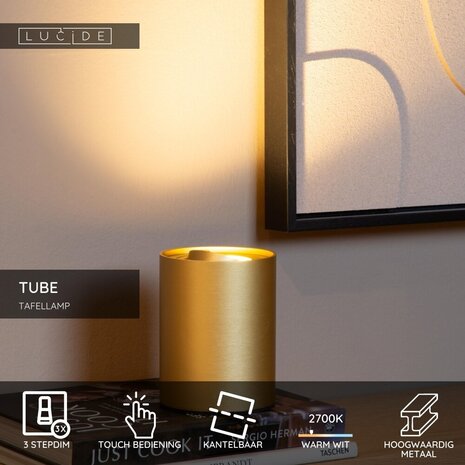 Lucide TUBE - Tischleuchte - Ø 9,6 cm - LED 3 StepDim - GU10 - 1x5W 2600K/2800K - Mattes Gold / Messing Lucide TUBE - Tischleuchte - Ø 9,6 cm - LED 3 StepDim - GU10 - 1x5W 2600K/2800K - Mattes Gold / Messing