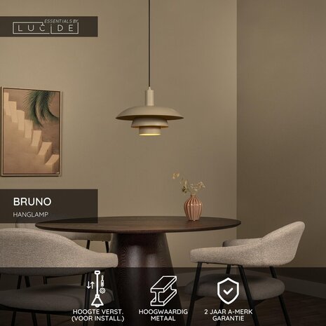 Lucide BRUNO – Hängelampe – Ø 38 cm – 1xE27 – Taupe | Essential