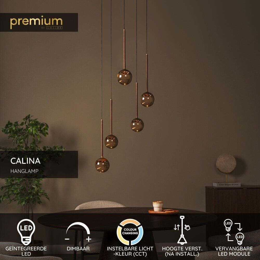 Lucide CALINA - Hängeleuchte - Ø 41,9 cm - LED Dimmb. - CCT - 5x8,4W 2200K/3300K - Mit austauschbarem LED-Modul - Amber | Premium Lucide CALINA - Hängeleuchte - Ø 41,9 cm - LED Dimmb. - CCT - 5x8,4W 2200K/3300K - Mit austauschbarem LED-Modul - Amber | Premium
