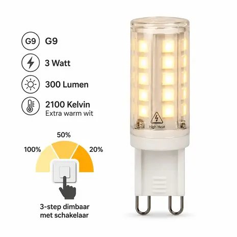 Just Light LED G9 lamp 3 Watt 3 standen 2100 Kelvin DIM Just Light LED G9 lamp 3 Watt 3 standen 2100 Kelvin DIM