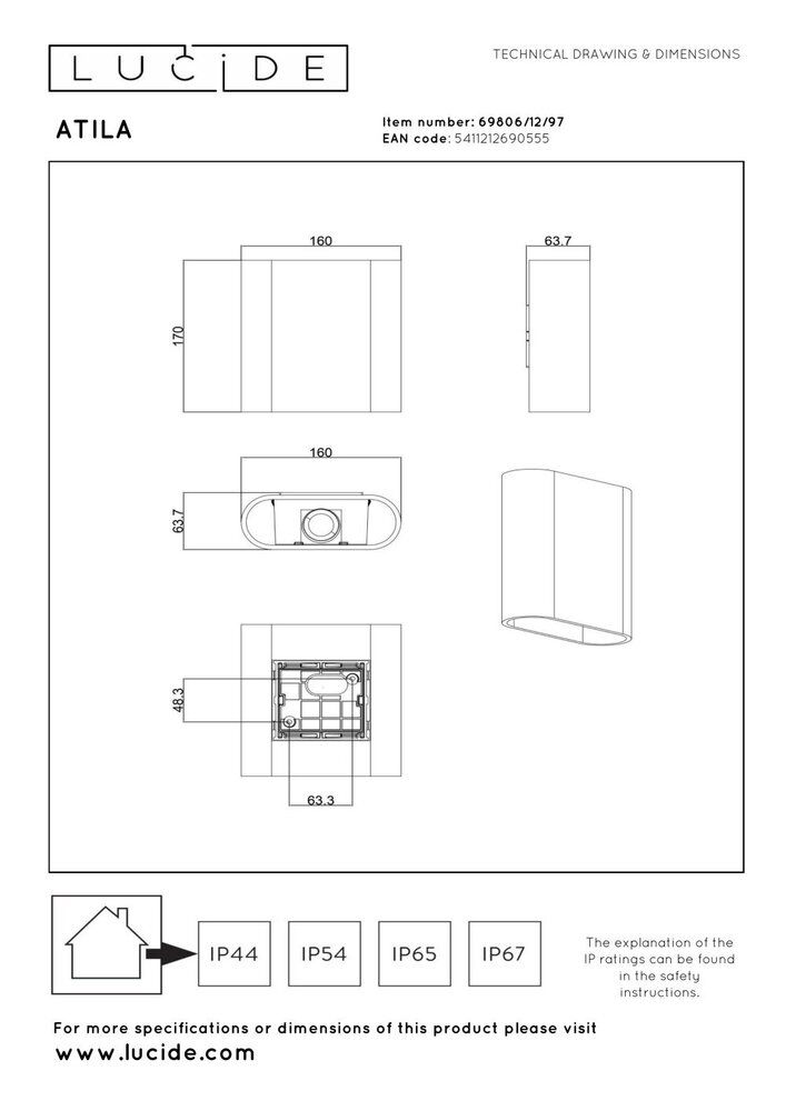 Lucide ATILA - Wandleuchte Innen/Außen - LED Dimmb. - 2x5W 2700K - IP54 - Schwarz Lucide ATILA - Wandleuchte Innen/Außen - LED Dimmb. - 2x5W 2700K - IP54 - Schwarz
