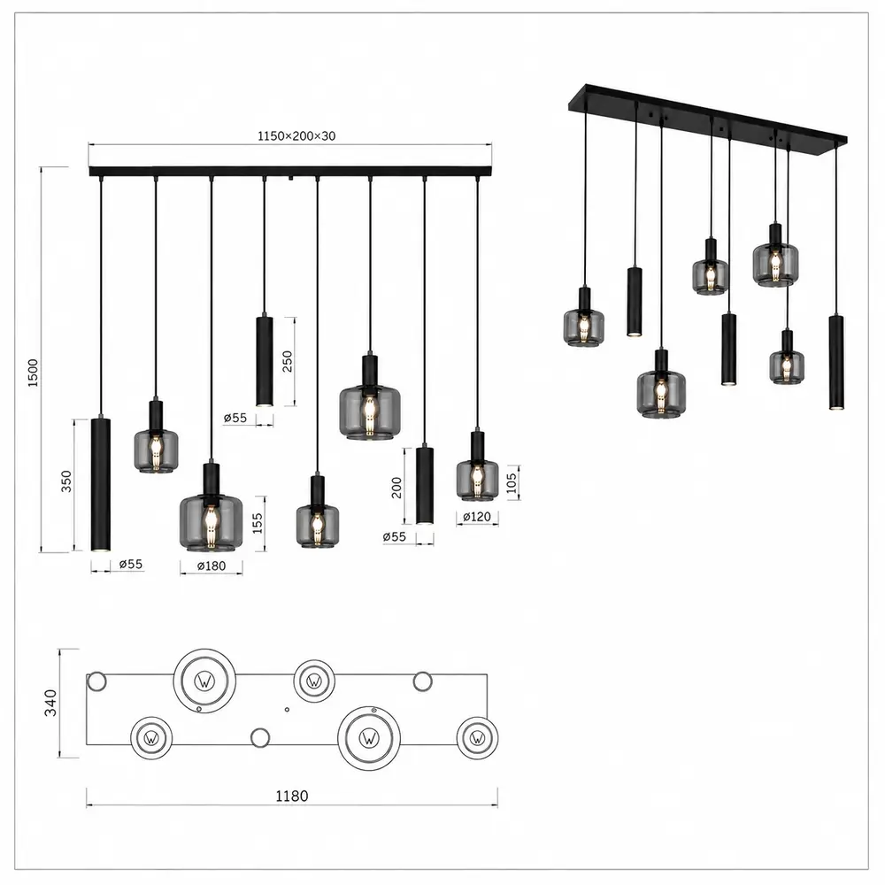 Trio Leuchten Hängeleuchte Mataro 8 Licht L 118 cm schwarz Trio Leuchten Hängeleuchte Mataro 8 Licht L 118 cm schwarz