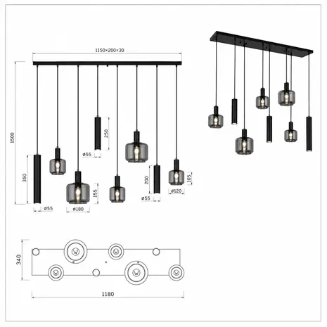 Trio Leuchten Hängeleuchte Mataro 8 Licht L 118 cm schwarz Trio Leuchten Hängeleuchte Mataro 8 Licht L 118 cm schwarz