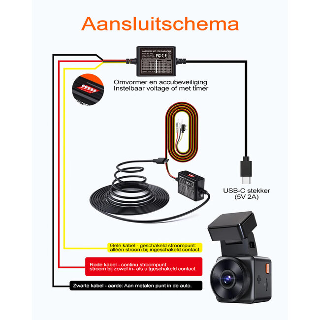 Vantrue VP01 permanente voeding USB-C 3-draads