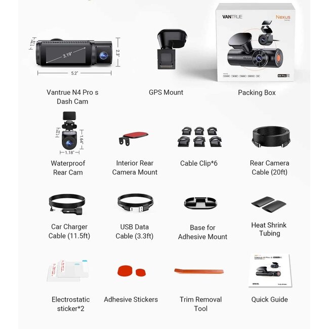 Vantrue N4 Pro S Cloud 3CH 4K Wifi GPS dashcam