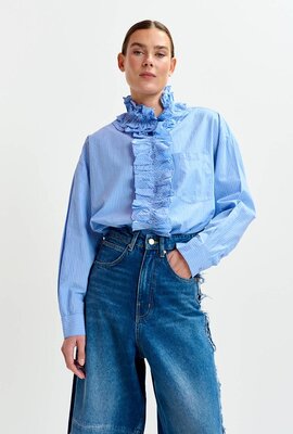 Essentiel Antwerp Blaue Bluse mit Rüschenkragen