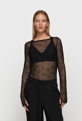 10Days Schwarzes Mesh-Langarmshirt mit Monogramm 10Days Schwarzes Mesh-Langarmshirt mit Monogramm