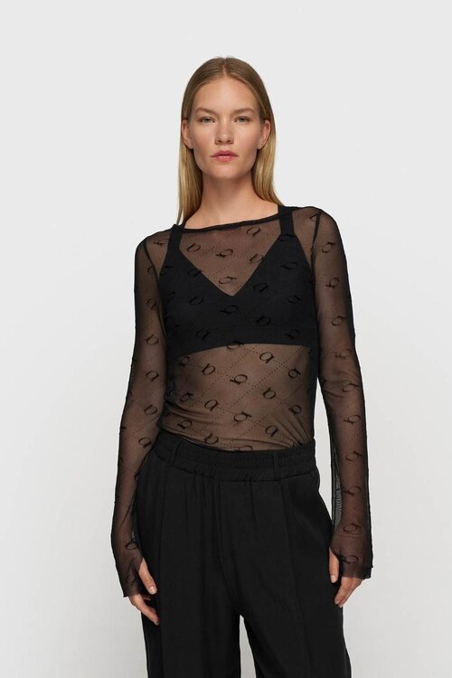 10Days Schwarzes Mesh-Langarmshirt mit Monogramm