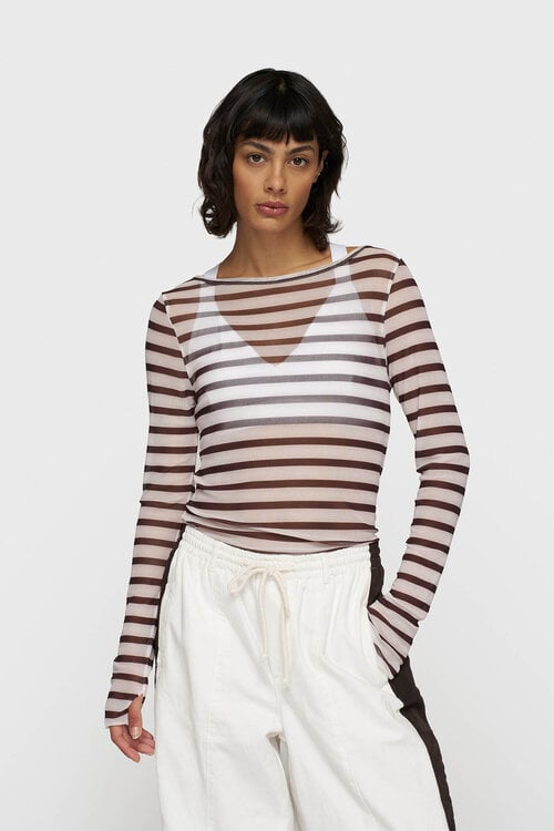 10Days Ecru/weinrot Netz Langarmstreifen