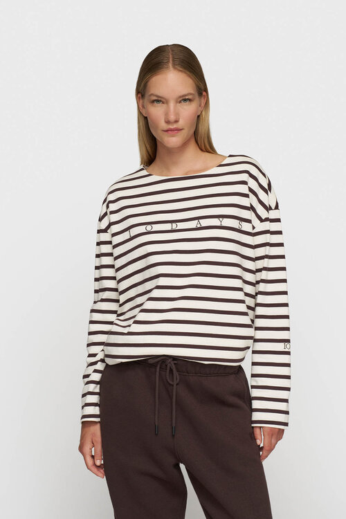 10Days Ecru/weinrot gestreiftes Bootsausschnitt-Top