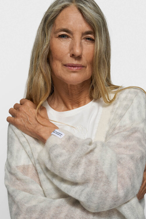 10Days Grauer Melange/Ecru dünner V-Ausschnitt Strickpullover