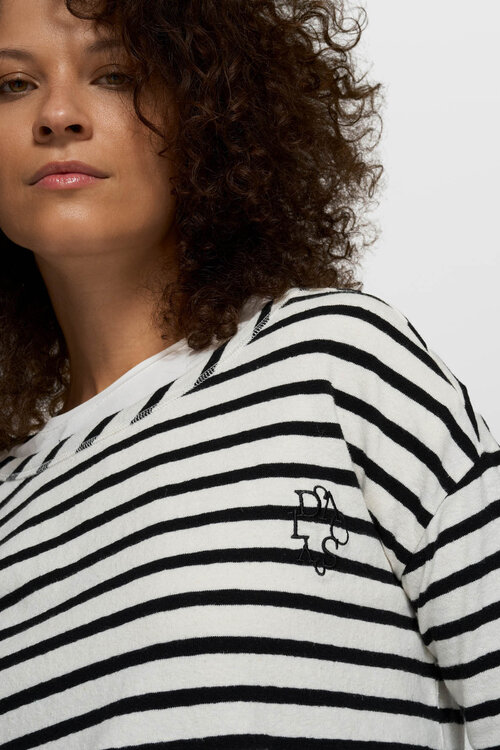 10Days Ecru/Schwarz gestreiftes Langarmshirt