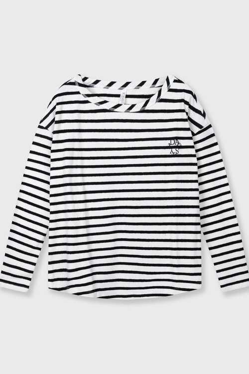 10Days Ecru/Schwarz gestreiftes Langarmshirt