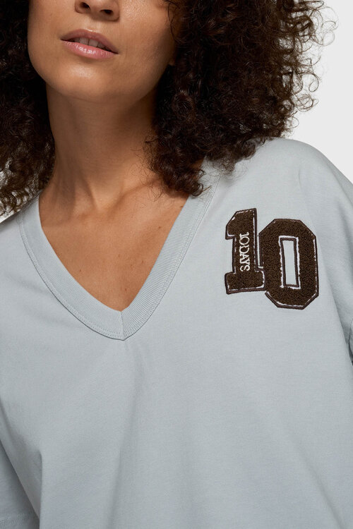 10Days Sauberes blaues dickes Baumwoll-V-Ausschnitt-T-Shirt