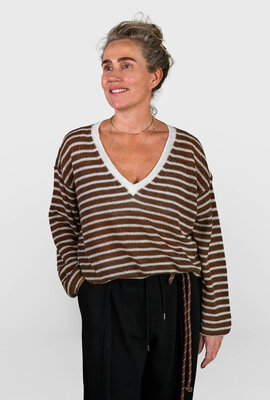 10Days Ecru/brauner dünner V-Ausschnitt Strickpullover