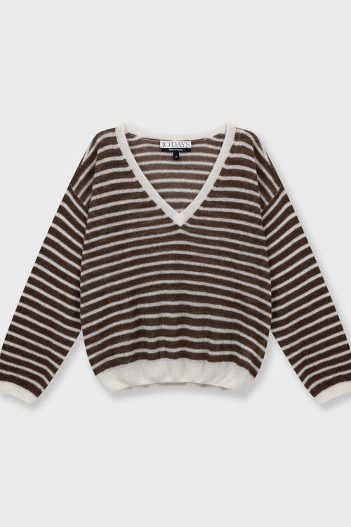 10Days Ecru/brauner dünner V-Ausschnitt Strickpullover