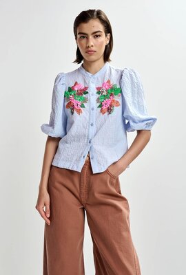 Essentiel Antwerp Blaue Bluse Kurzer Ärmel