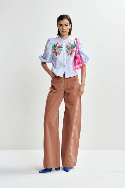 Essentiel Antwerp Blaue Bluse Kurzer Ärmel